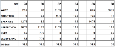 Pure Blue Japan Size Chart