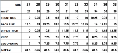 Pure Blue Japan Size Chart