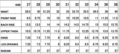 Pure Blue Japan Size Chart